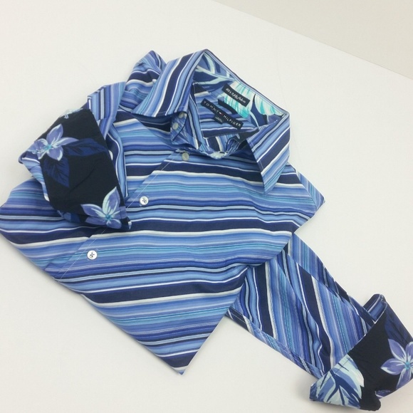 Tommy Hilfiger Striped Shirt Blue 80s 2 Ply Party - Picture 6 of 8